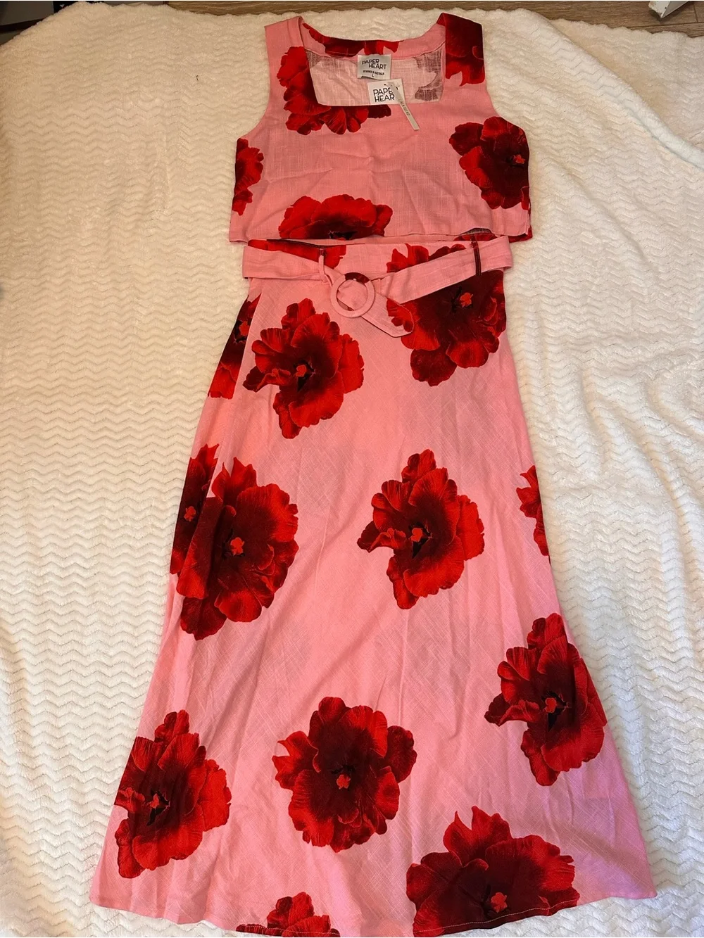 NWT Paper Heart Floral Top & Belted Maxi Skirt 2-Piece Set Pink/Red L